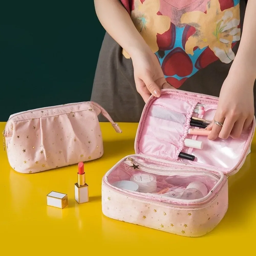 Trousse de Toilette de Voyage Grande Capacité en Velours Motif Étoiles Bronzées, Sac de Rangement Cosmétique en Forme de Coquille Cubique pour Femme