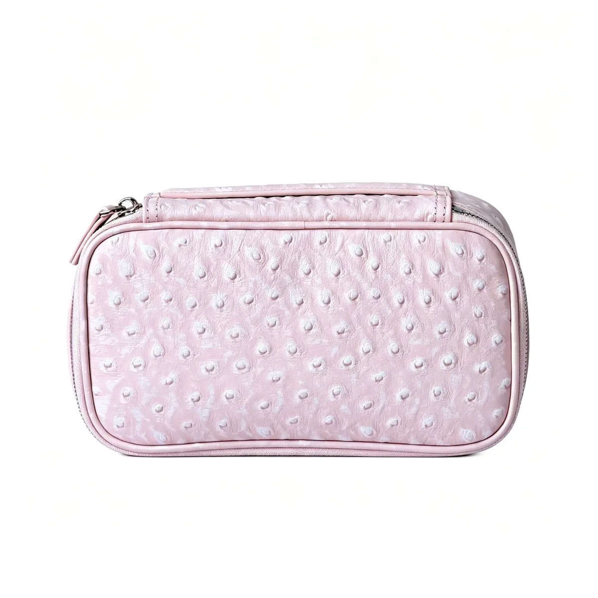 nouvelle trousse de maquillage de voyage portable en cuir véritable motif autruche rose flocon de neige, grande capacité, en cuir de vachette, luxe