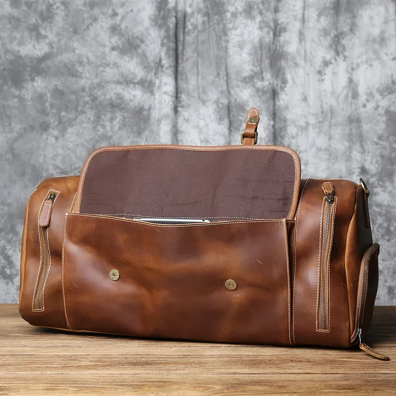 sac de voyage vintage en cuir véritable pour hommes, sac polochon en cuir de cheval fou, grande capacité, couche supérieure en peau de vache, sac à bandoulière nzpj