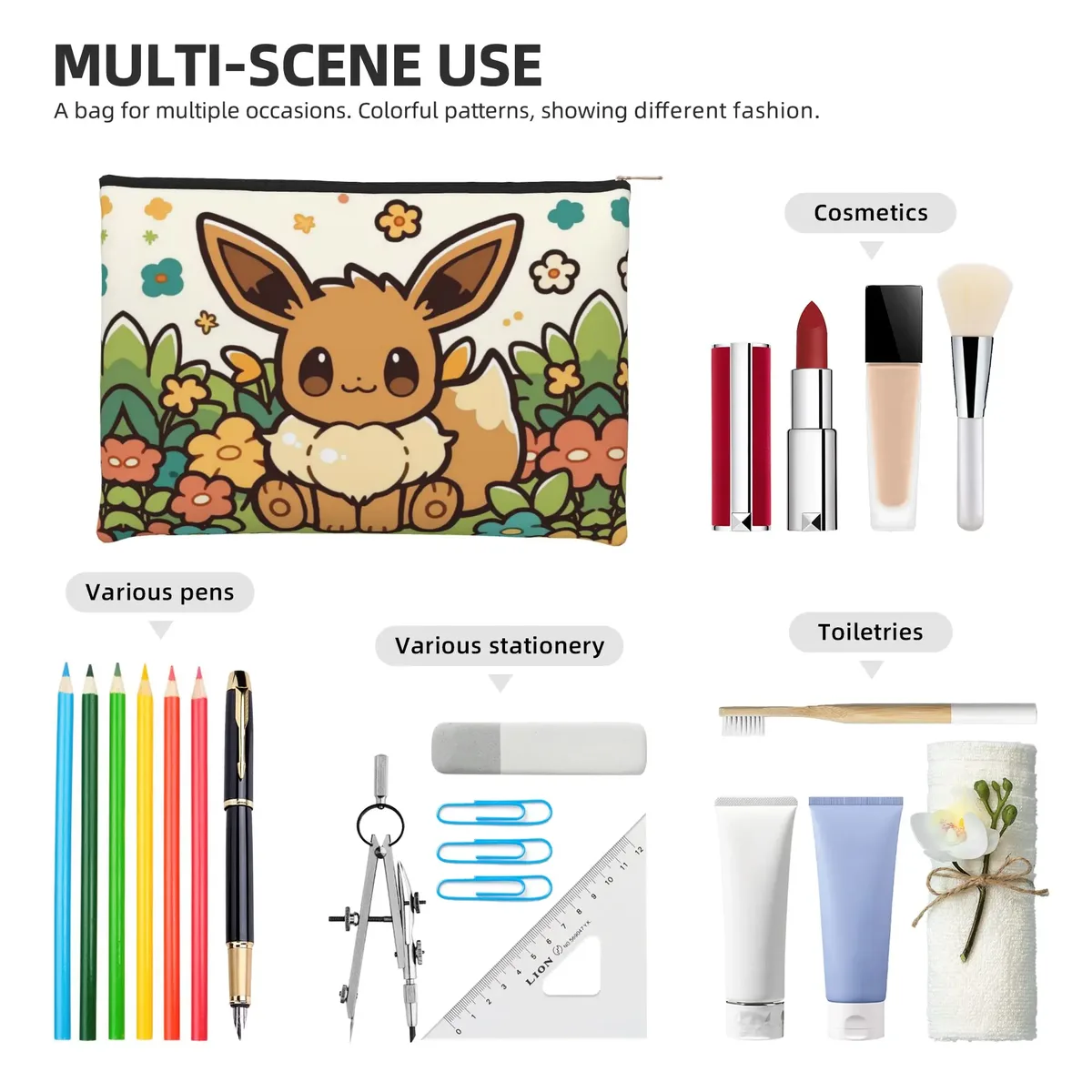 sac de voyage léger et mignon pokemon, pochette de maquillage eeveelution, trousse de toilette avec fermeture éclair, pochette cosmétique de voyage