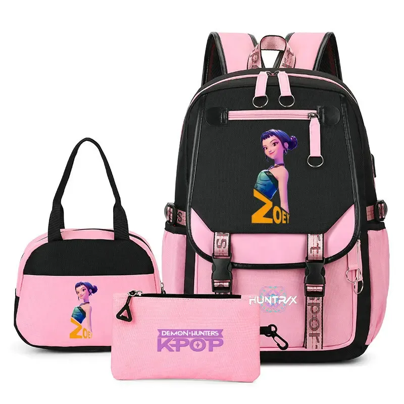 sac à dos kpop demon hunter pour adolescents, cartable de grande capacité, 3 pièces/ensemble avec sac à lunch pour femmes, étudiants, décontracté, confortable, pour voyage, mochilas