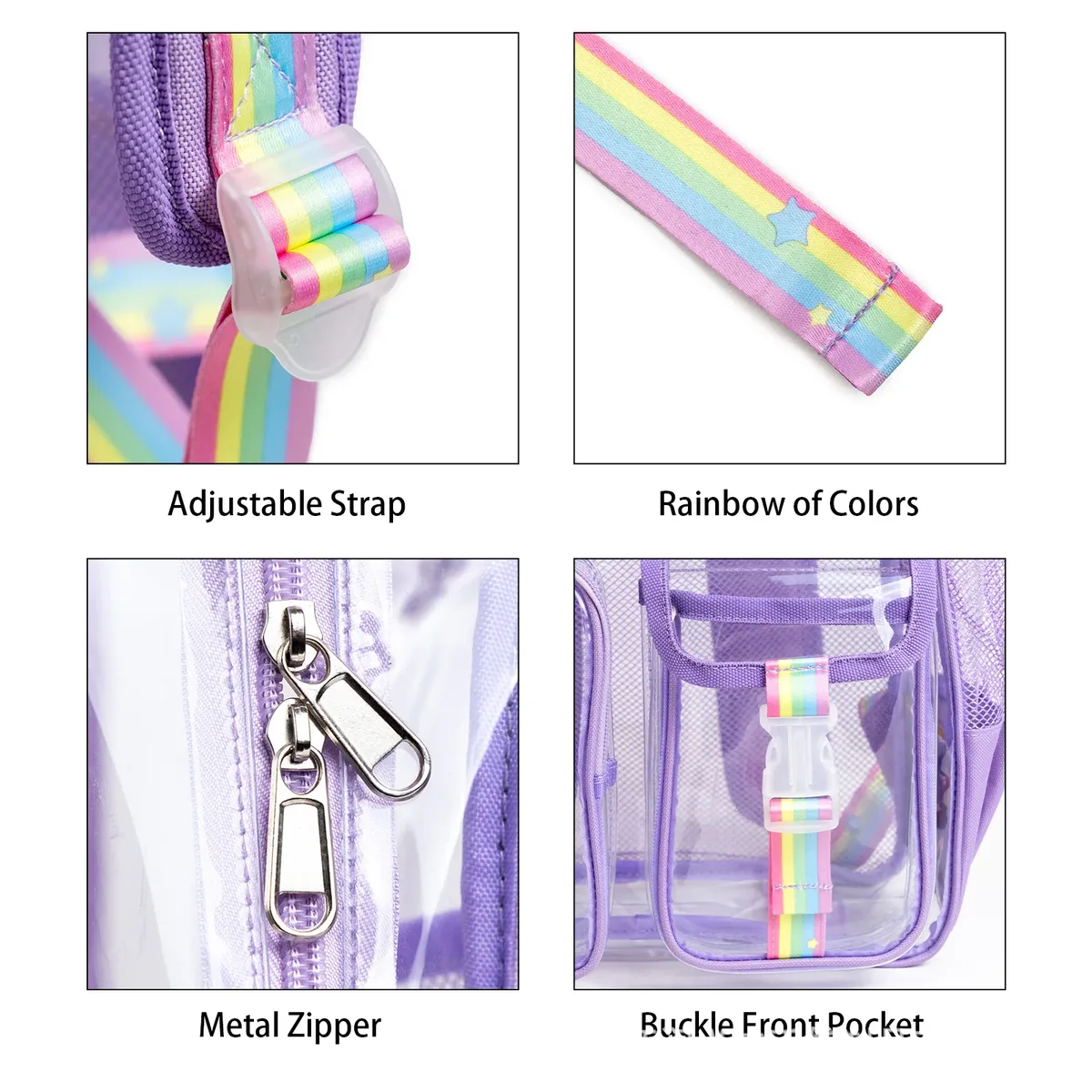 sac à dos transparent approuvé pour les stades, avec plusieurs poches, robuste, pour filles, avec sangle arc-en-ciel