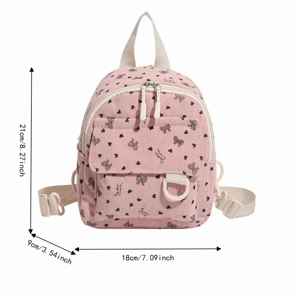 mini sac à dos en velours côtelé imprimé cœurs et nœuds, léger, décontracté, multi-compartiments, ouverture zippée, sac à bandoulière pour les trajets quotidiens