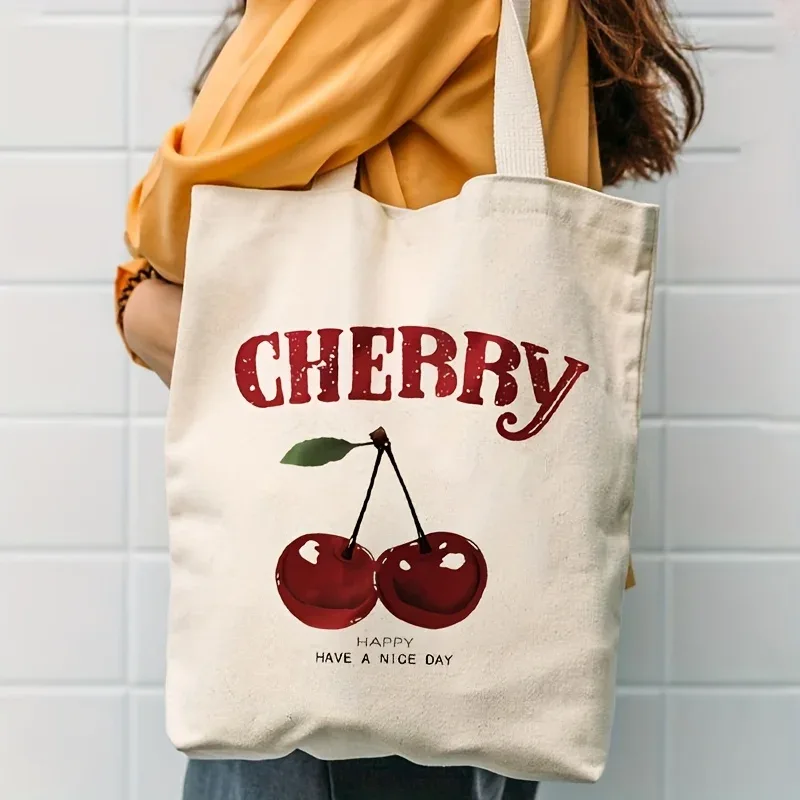 sac fourre-tout en toile à imprimé cerises tendance, sac fourre-tout réutilisable pour les courses, avec bretelles fixes, non doublé, non scellé, anti-fa