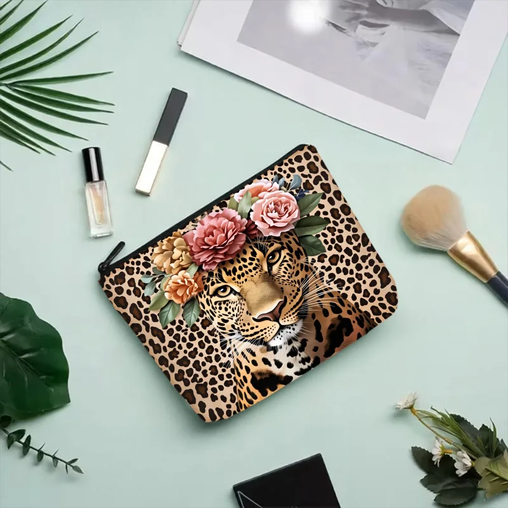 sacs de maquillage à motif léopard avec couronne florale pour filles, pochette à cosmétiques, trousse de toilette, trousse à crayons, rangement de voyage