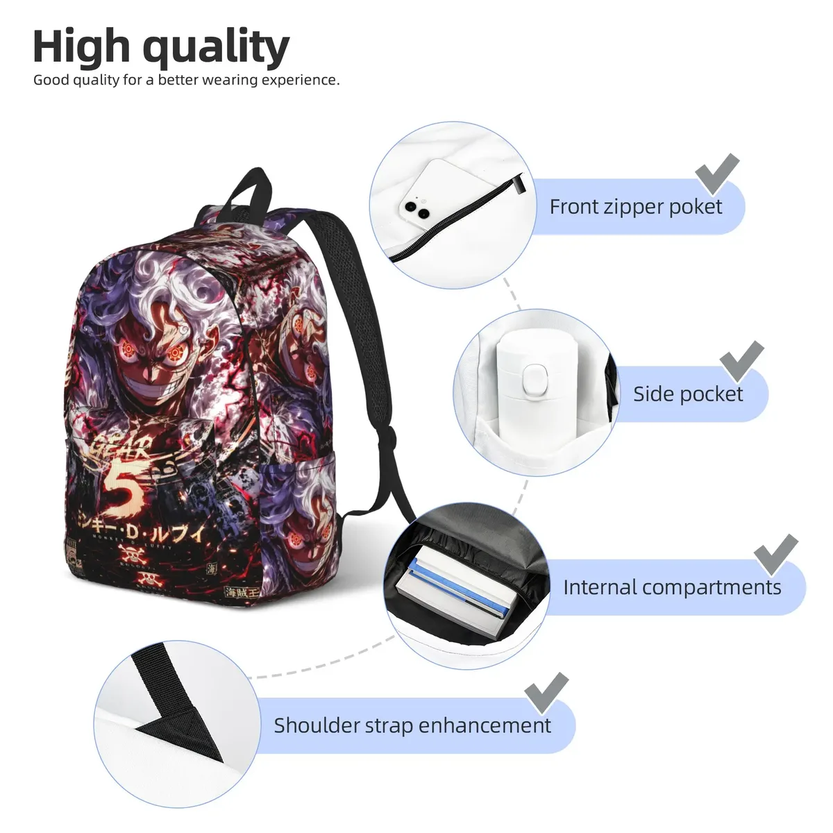 sac à dos one piece anime luffy gear 5, style shonen, classique, avec fermeture éclair, pour voyage
