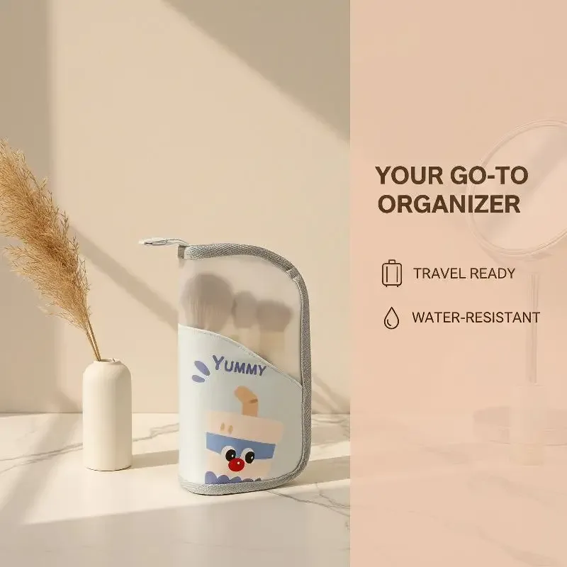 sac à pinceaux de maquillage imprimé de dessins animés, grande capacité, poche intérieure en maille pour le rangement des cosmétiques, organisateur d'outils de beauté