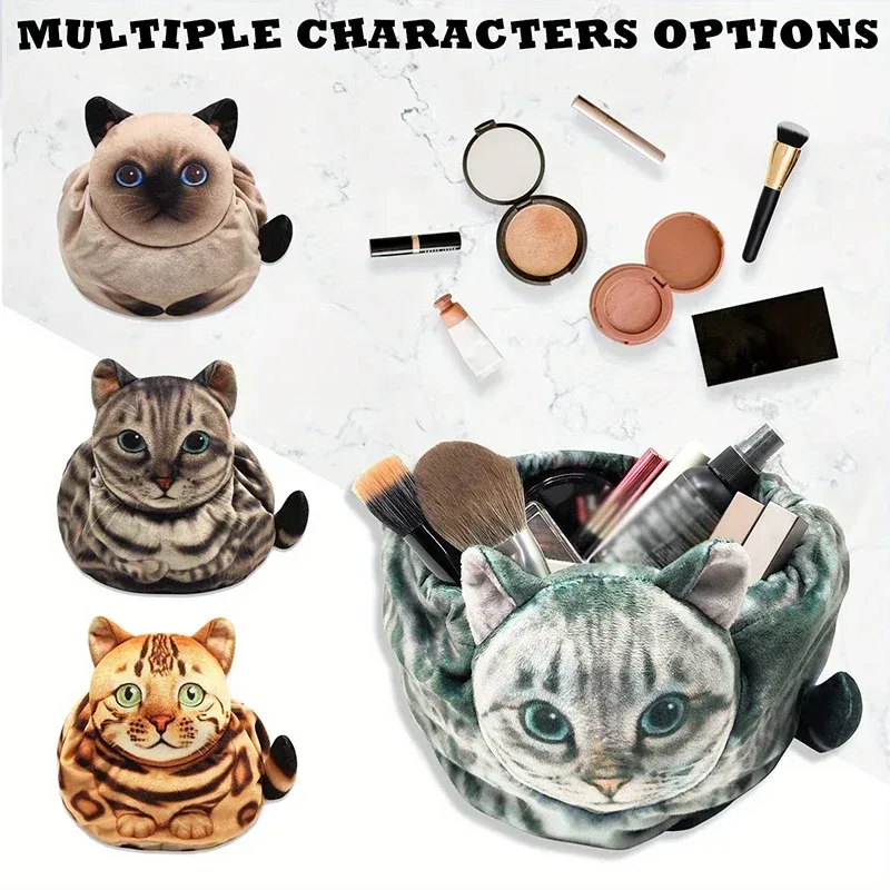 Sac de rangement cosmétique en forme de chat, pochette de rangement de maquillage/soin de la peau de taille de voyage mignonne avec fermeture à cordon, sac cadeau pour les amoureux des chats