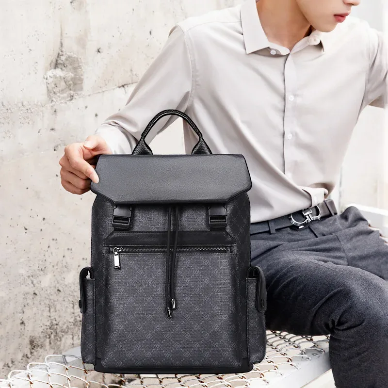 sac à dos tendance pour hommes, sac pour ordinateur portable 15.6 pouces, sac de voyage de grande capacité, sac d'école imprimé en cuir véritable