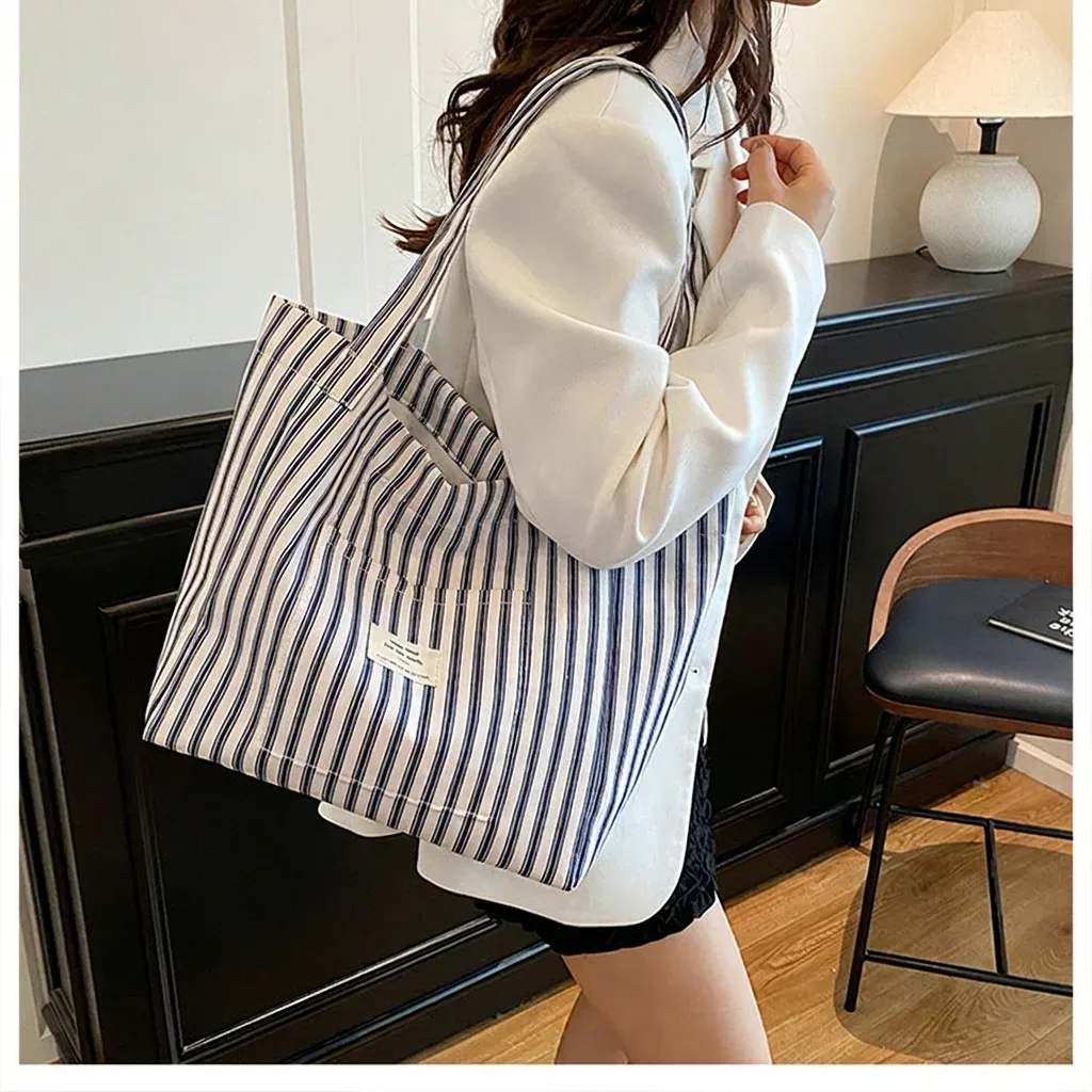 Nouveau Sac de Plage Cabas Tendance pour Femme en Toile Rayée Grande Capacité Sac à Bandoulière Sac à Main Cabas Sacs à Bandoulière 