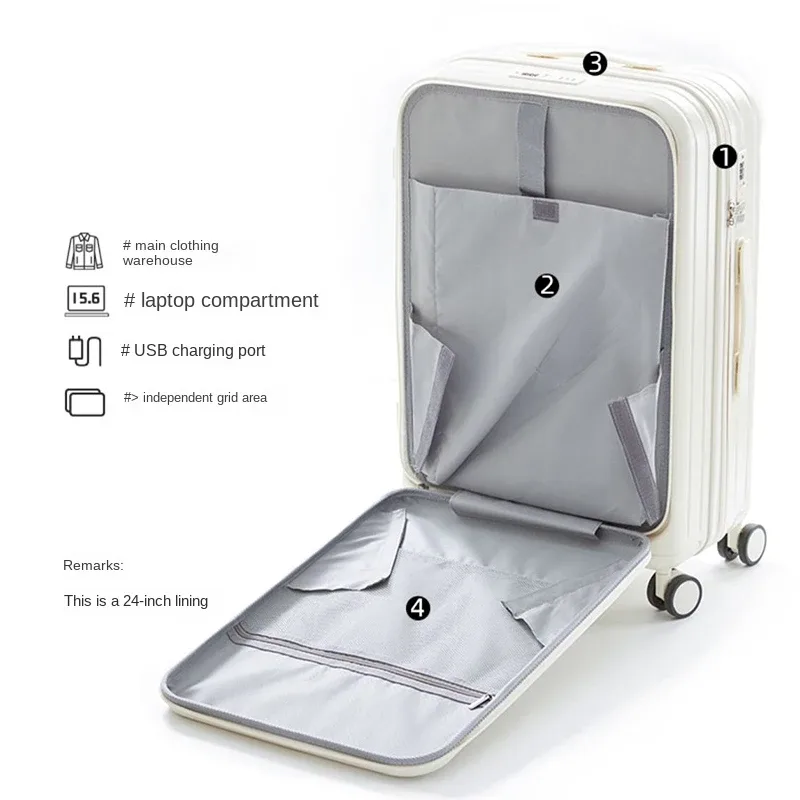 valise de voyage multifonctionnelle avec porte-gobelet, couverture ouverte avant, valise à roulettes, boîte d'embarquement, 20 ", 22", 24 ", 26"