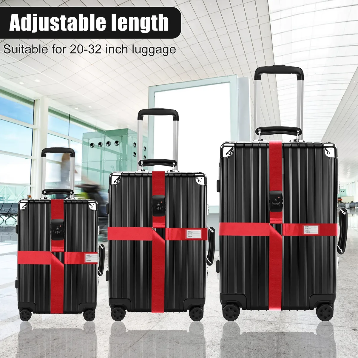sangle de bagage croisée tsa, serrure douanière, ceinture de valise à longueur réglable avec étiquette d'identification transparente, ceinture de voyage durable pour bagages
