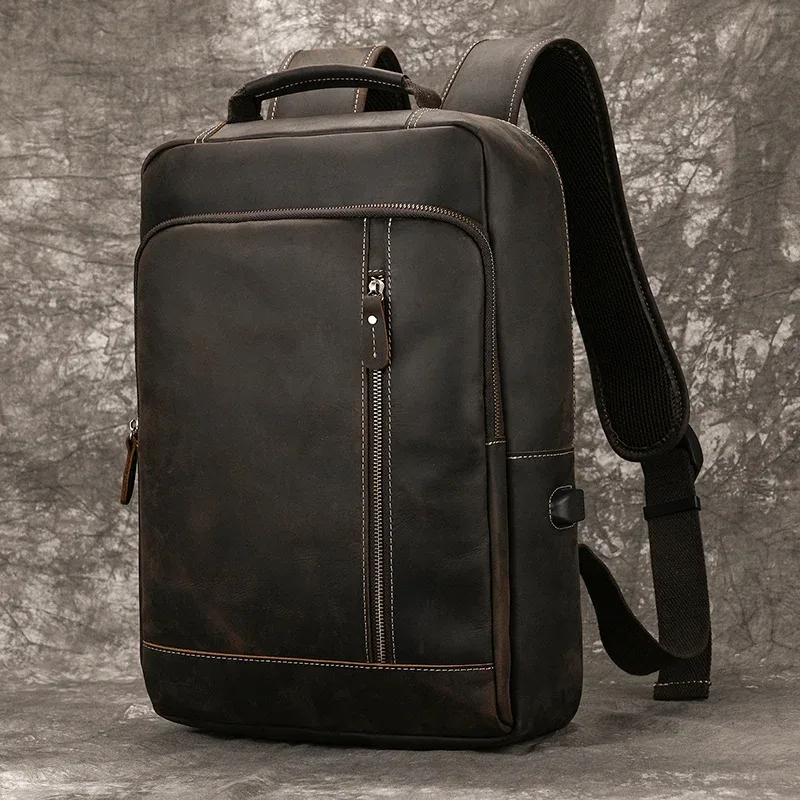 sac à dos en cuir crazy horse pour hommes, sac à dos de jour en cuir de vache pour ordinateur portable 15.6 pouces, sac à dos de voyage de grande capacité avec câble usb