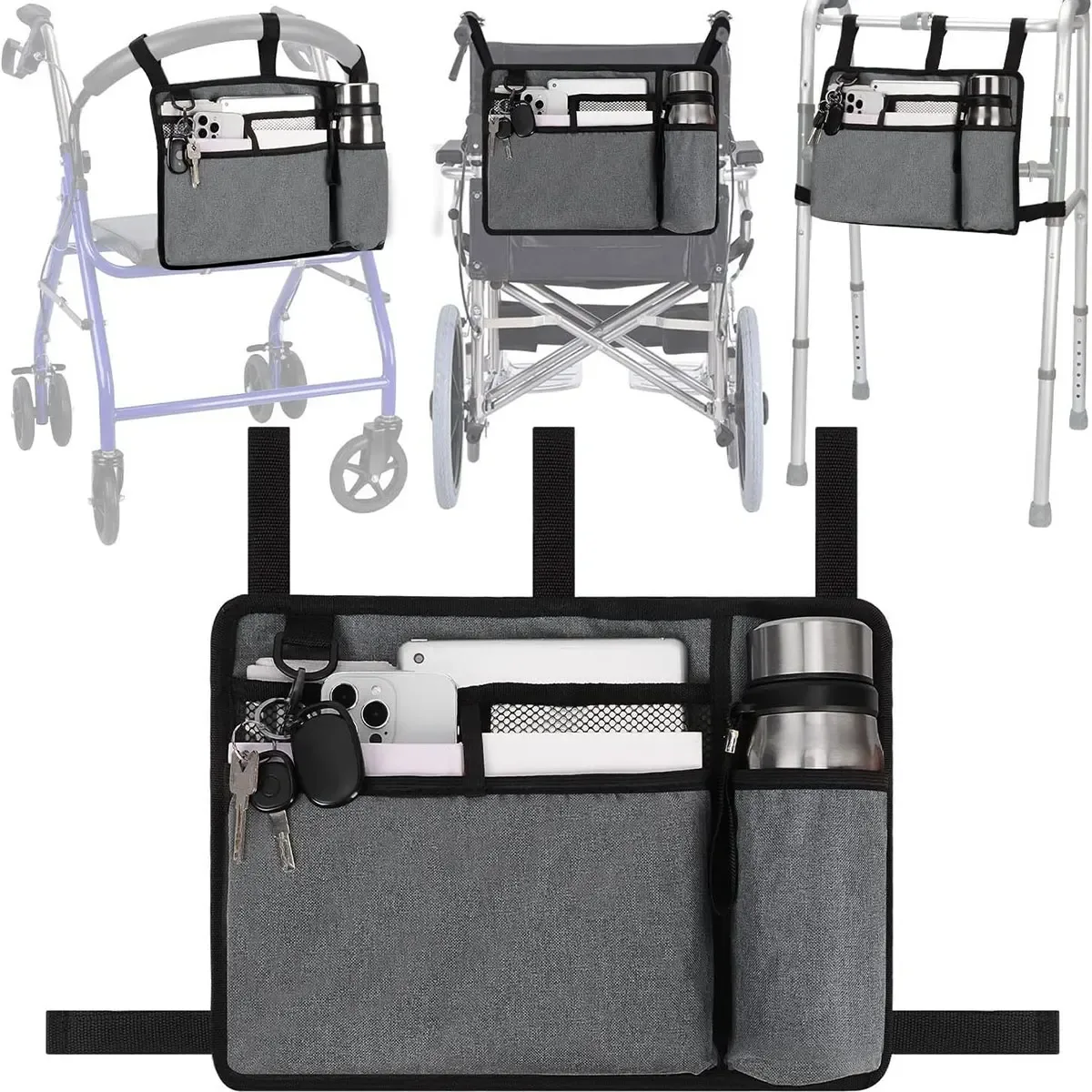 sac de rangement multi-poches en nylon imperméable : à suspendre latéralement pour déambulateurs/fauteuils roulants, rangement portable