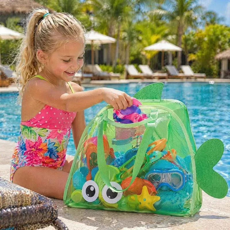 sac de plage en filet, forme de poisson mignon, grande capacité, séchage rapide, sac fourre-tout en filet pour la piscine, la collecte de coquillages, pliable et léger
