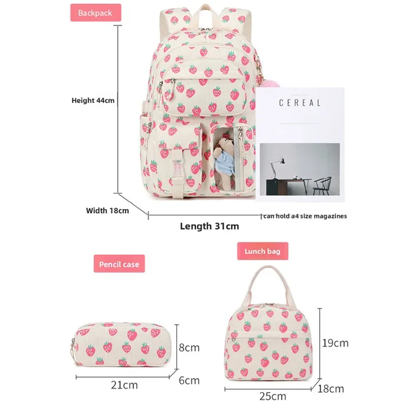 sac à dos scolaire en velours côtelé 3 pièces/ensemble avec sac à déjeuner et trousse à crayons, sac à dos mignon pour filles, sac à dos à motif fraise pour adolescentes et femmes