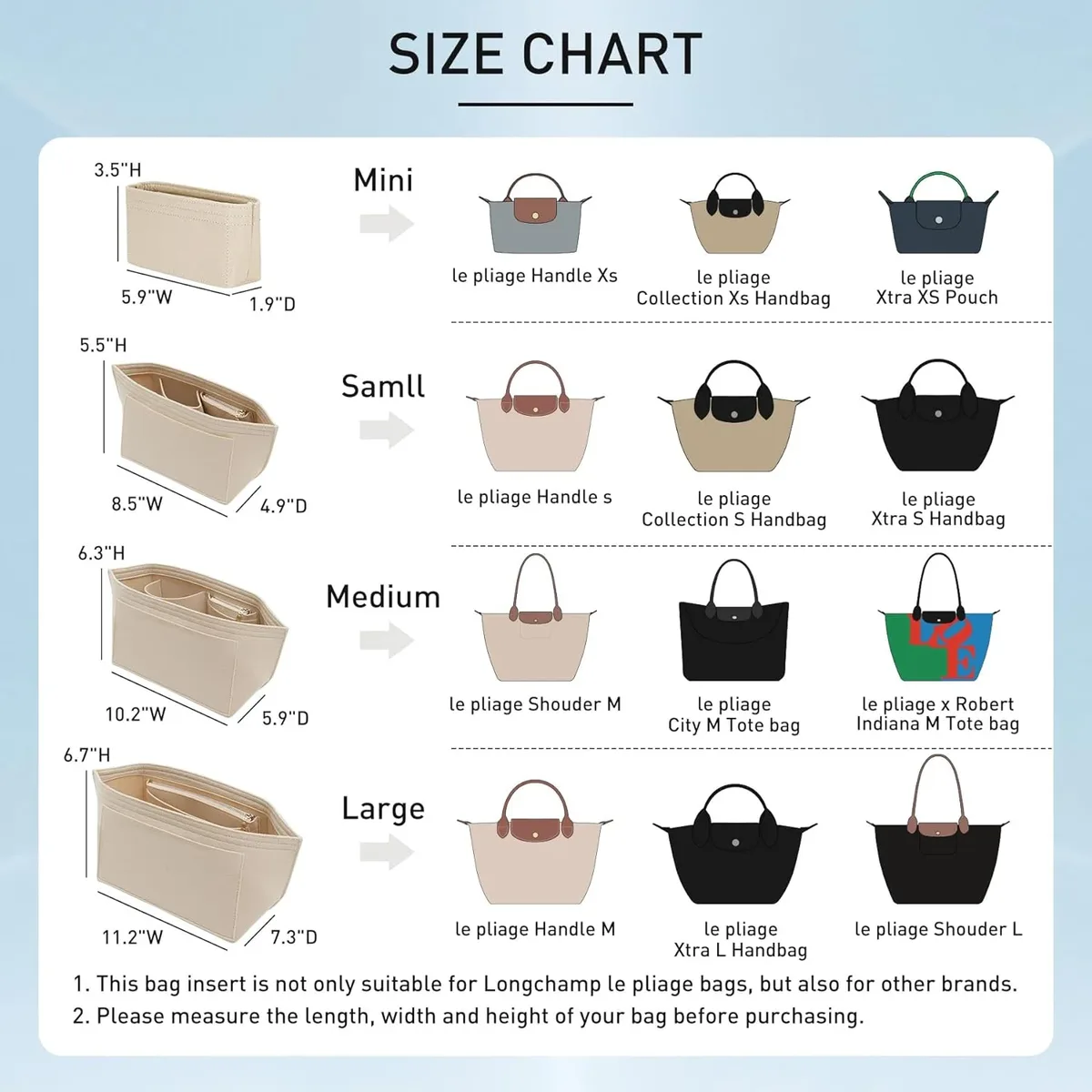 organisateur insérer pour longchamp grand petit mini taille fourre-tout sac feutre sac de rangement sac à main insérer sac à main doublure sacs accessoires