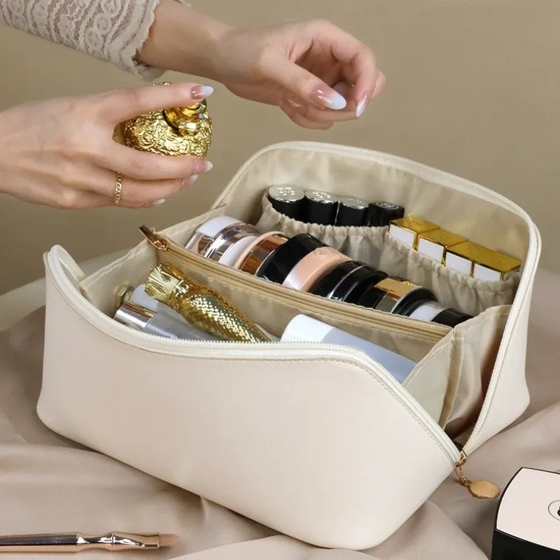 trousse de maquillage de voyage grande capacité, organiseur de cosmétiques extensible avec compartiments zippés pour articles de toilette et accessoires, rose