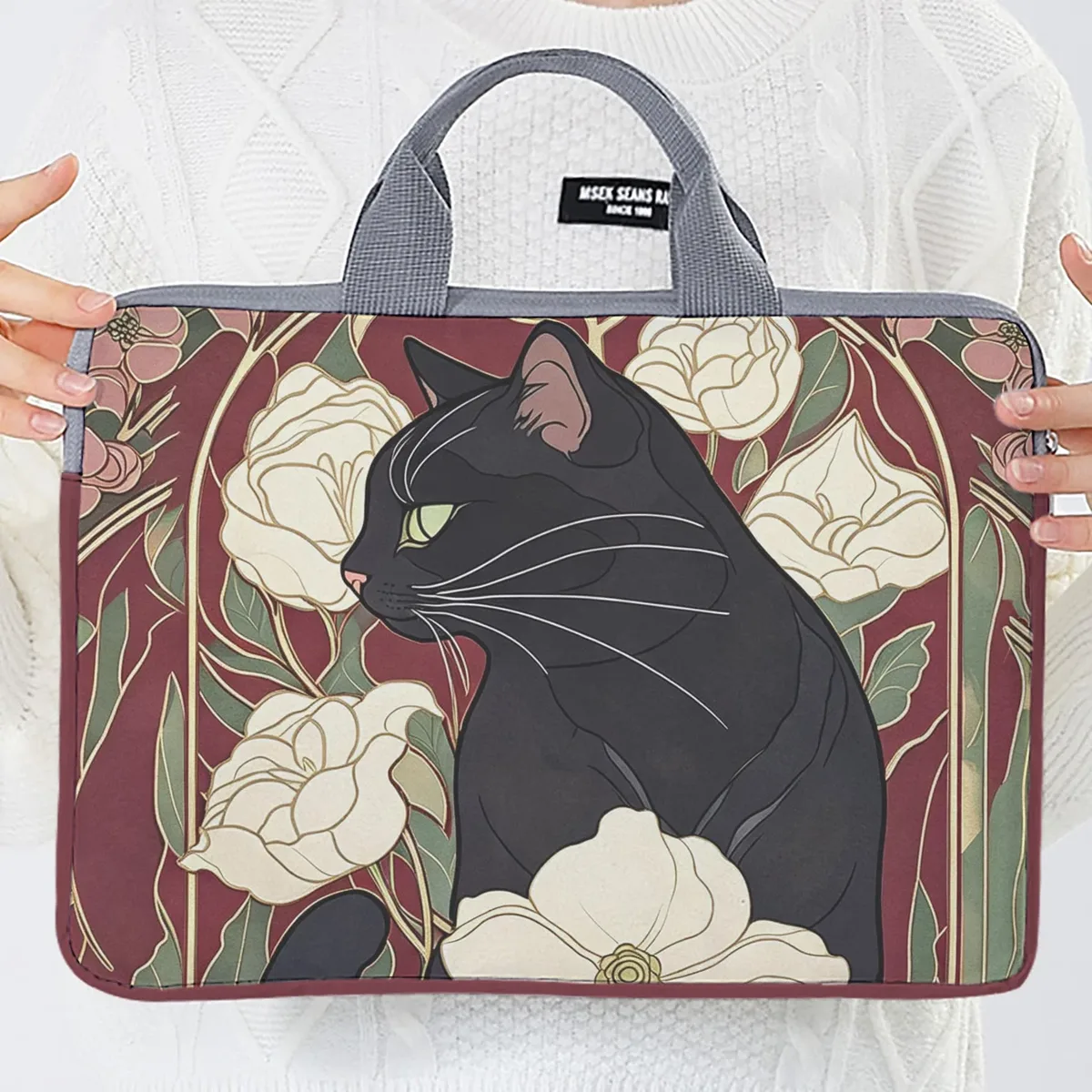 1 pièce, deux styles, sac pour ordinateur portable imprimé motif camélia et chat noir, housse souple en tissu pour ordinateur portable, convient aux ordinateurs portables de 14 pouces