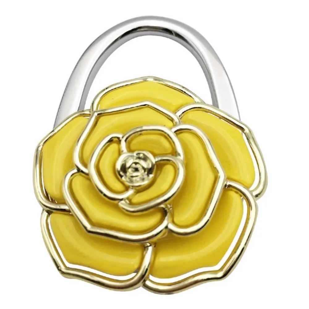 joli crochet pliable pour sac à main en forme de rose, support portable créatif pour porte-documents, support de table durable à bords dorés