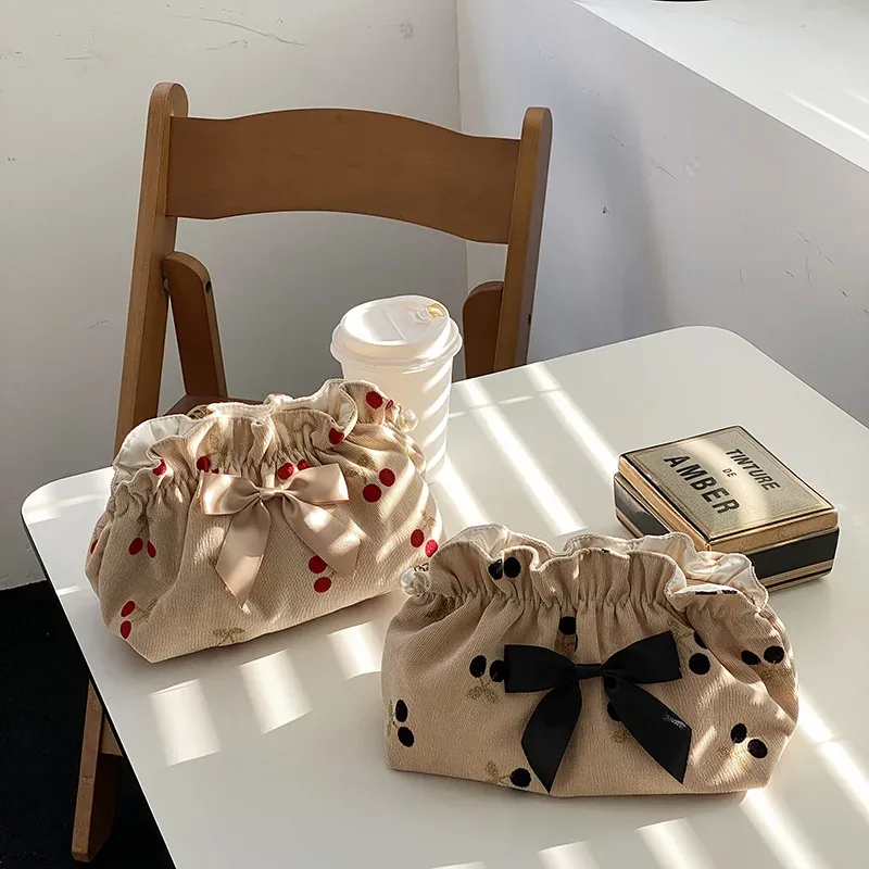 sac à cosmétiques en velours côtelé imprimé cerise pour femmes, sacs de maquillage de grande capacité pour rouge à lèvres, sac de rangement de voyage pour femmes