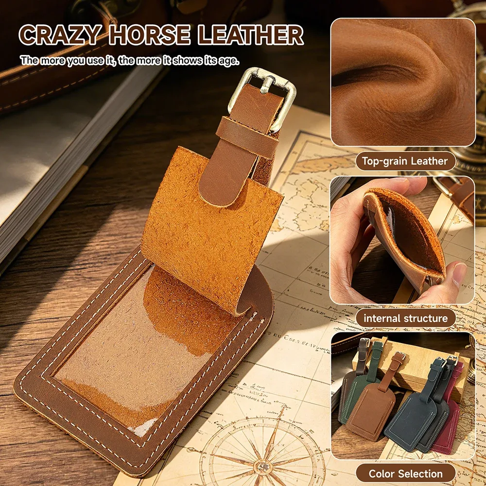 Étiquette de bagage vintage en cuir véritable Crazy Horse avec cache de confidentialité, étiquette d'identification et d'adresse, sangle réglable, accessoire de voyage pour valise et bagages
