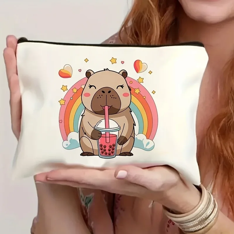 sac de maquillage imprimé capybara mignon, pochette légère à fermeture éclair double face, trousse de maquillage pour femmes, voyage, camping
