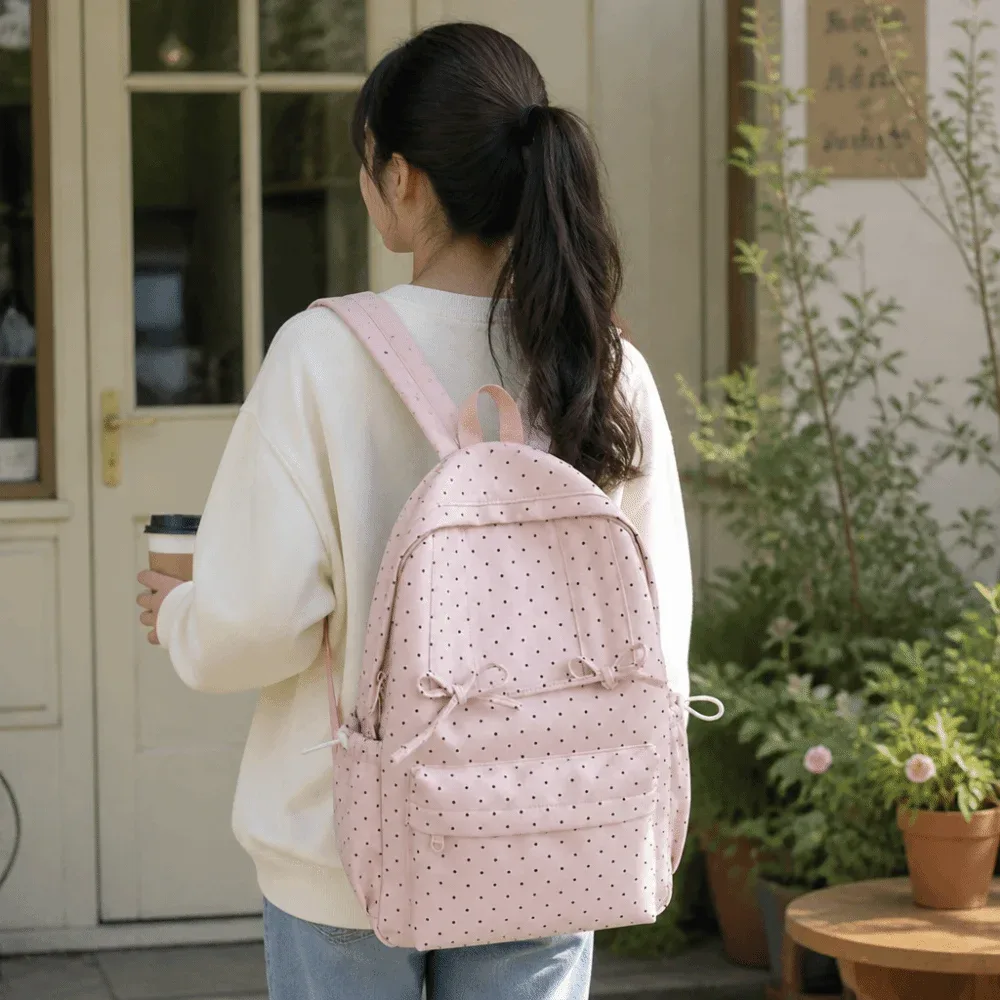 sac à dos à pois élégant grande capacité léger et minimaliste avec nœud, durable, pour étudiants et usage extérieur