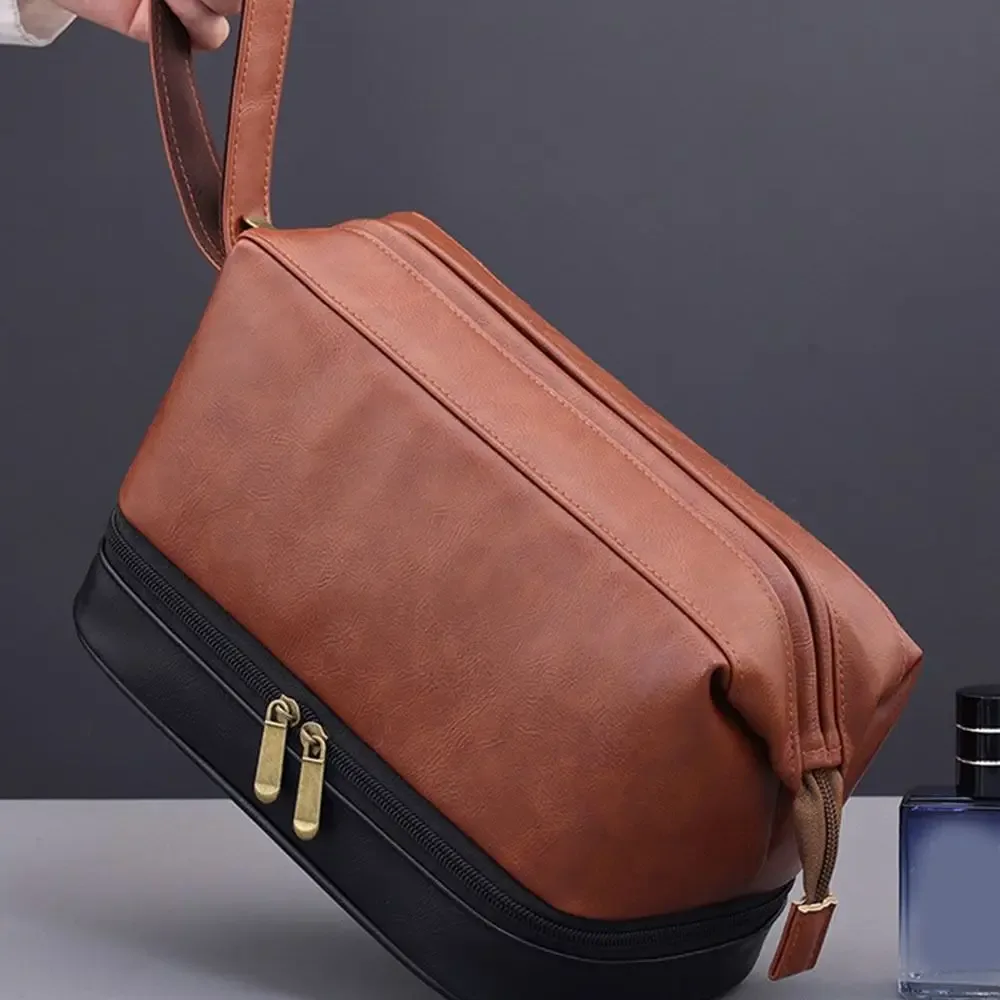 trousse de toilette rétro en cuir pu pour hommes, grande capacité, séparation sec-humide, étanche, pochette de maquillage professionnelle pour hommes