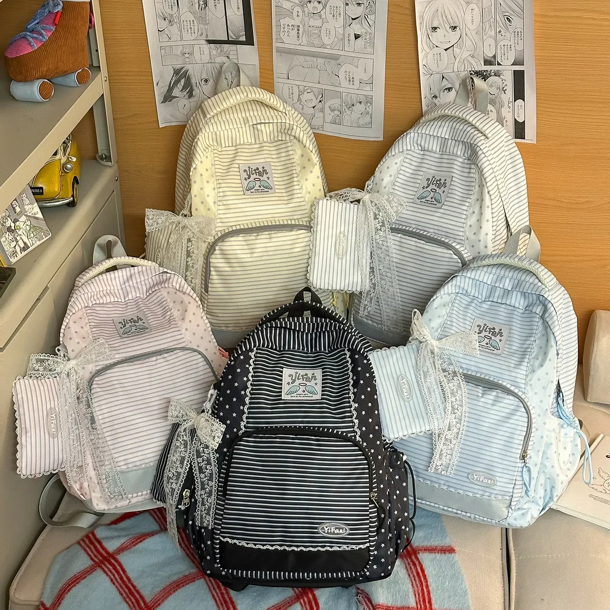 Cartable d'étudiant mignon rayé et en forme d'étoile, pendentif de porte-monnaie mignon pour les déplacements et l'extérieur, sac à dos léger de voyage