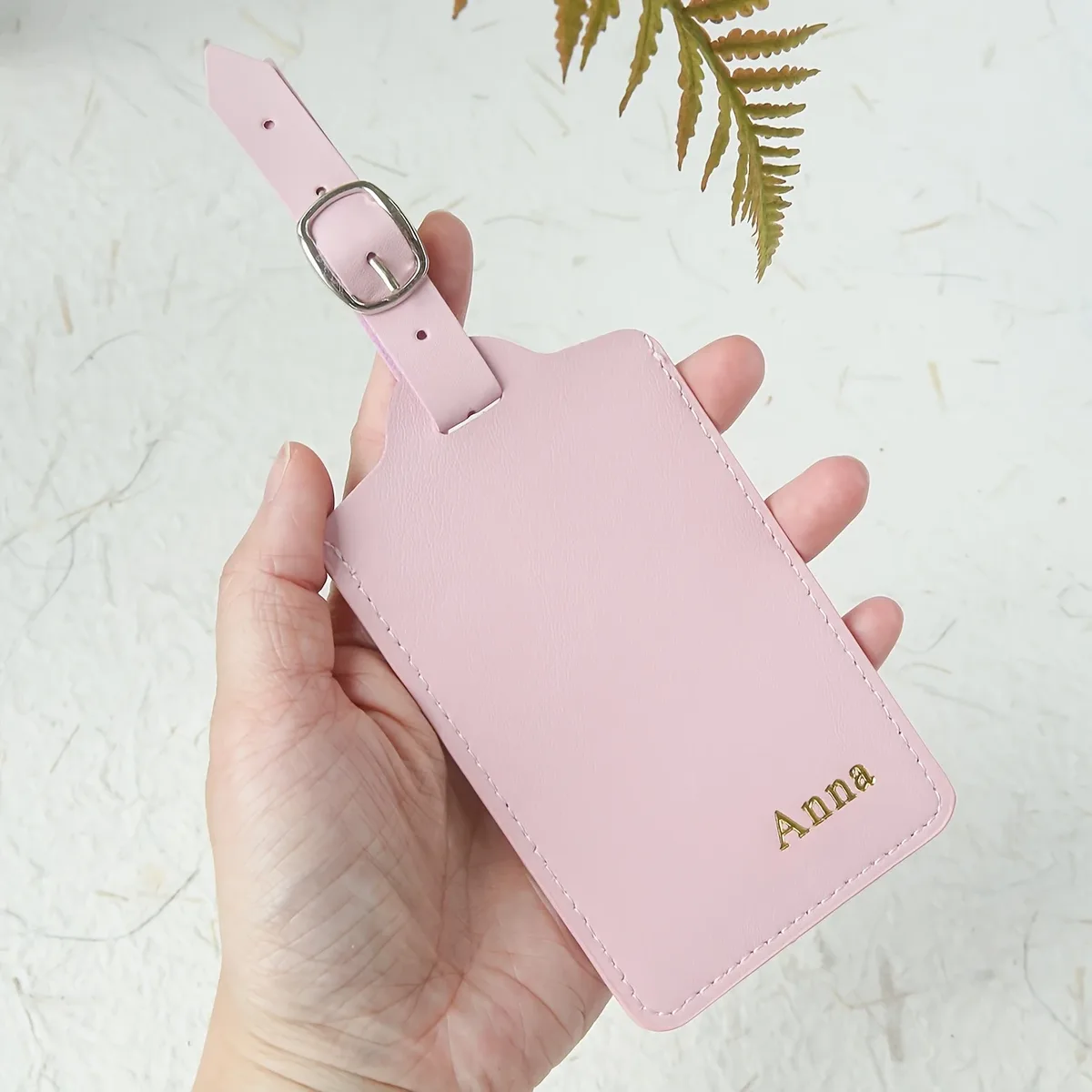étiquette de bagage personnalisée avec monogramme estampé à chaud, minimaliste, légère, rose, verte, marron, accessoire de valise