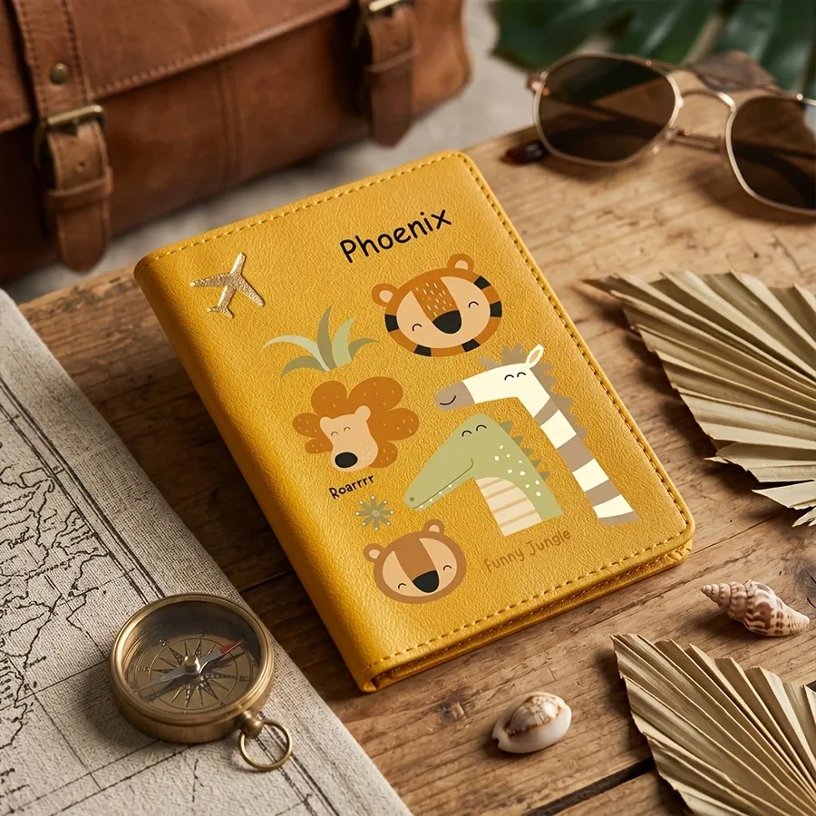 porte-passeport personnalisé avec nom et texte, étui de passeport mignon à motif de dessin animé, couverture de passeport et organiseur de documents