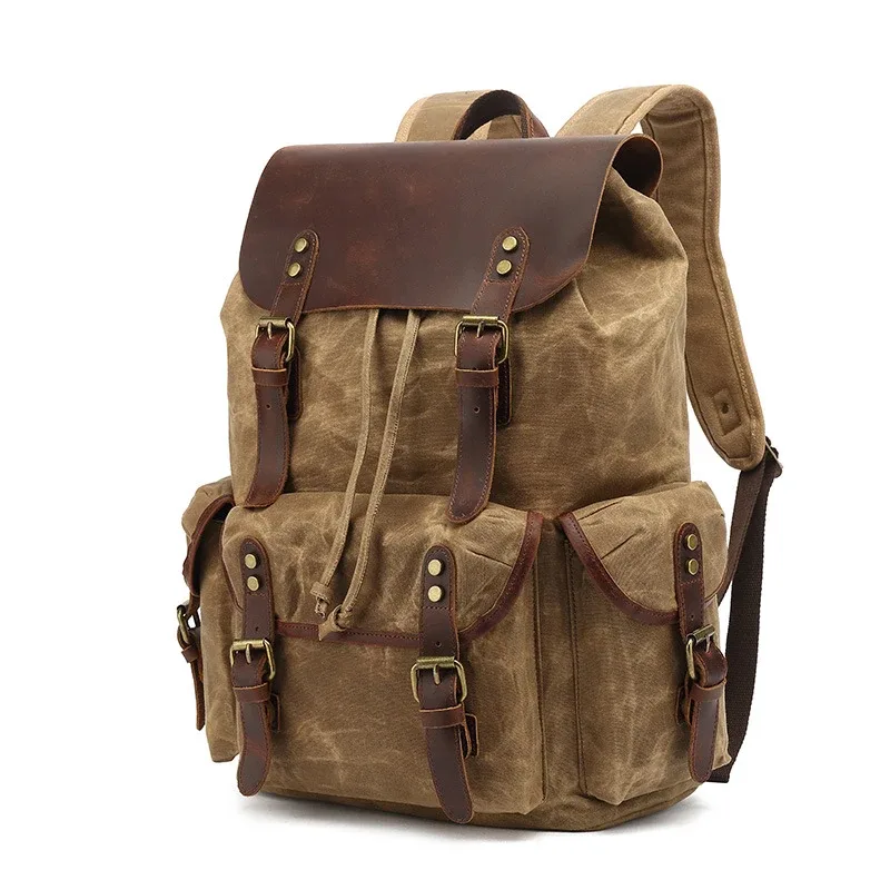 sac à dos en toile de cire d'huile pour femmes, sac de voyage vintage étanche de grande capacité, mochila en cuir pour ordinateur portable avec cordon