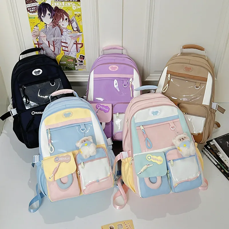 sac à dos scolaire grande capacité en nylon, imperméable et résistant à l'usure, pour filles du collège, léger et élégant