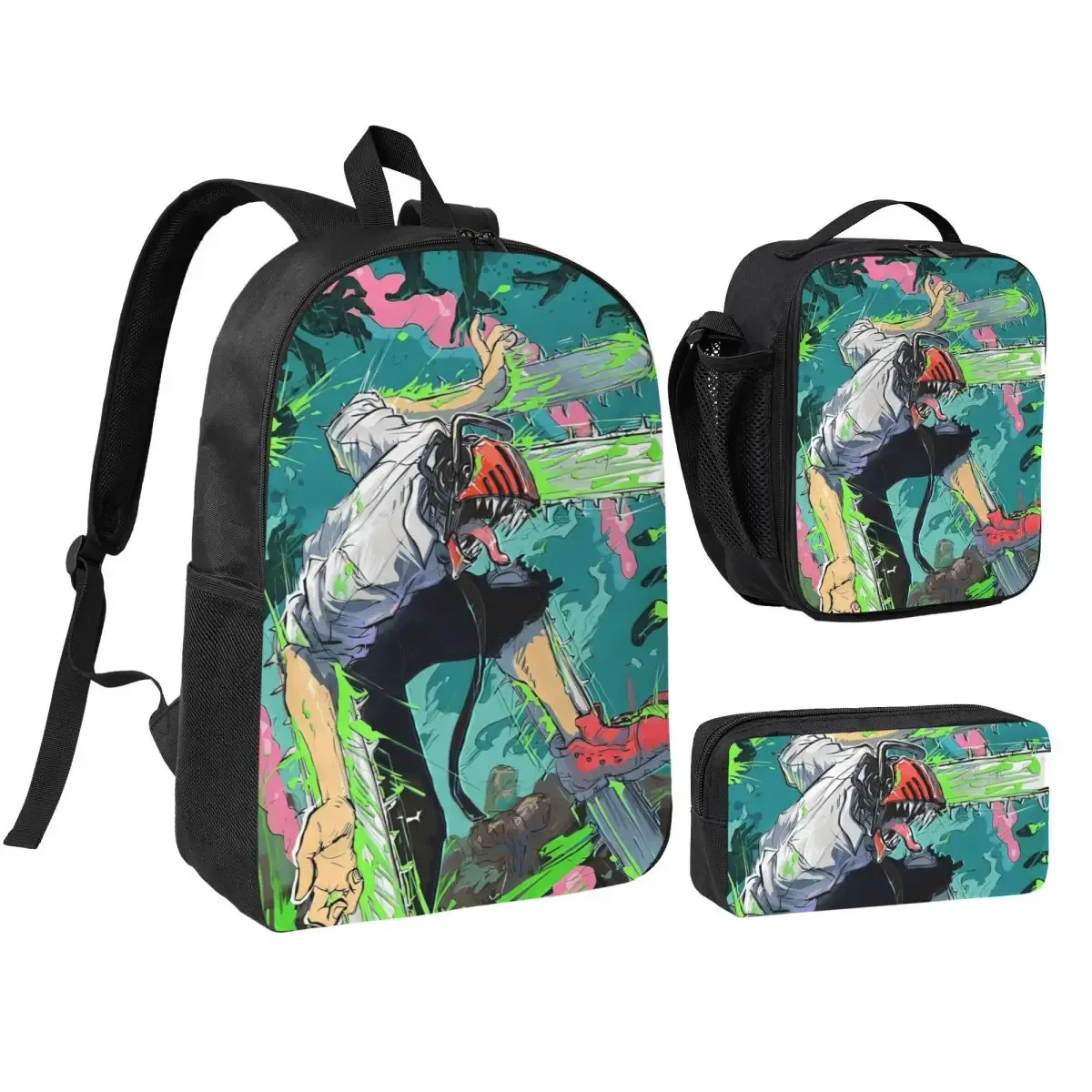 anime tronçonneuse homme 3pecs/ensemble sac à dos pour étudiant ordinateur portable sac à bandoulière sac à déjeuner trousse à crayons
