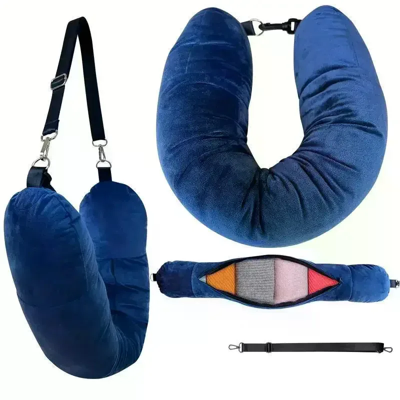 coussin de voyage pour le cou avec sac de rangement pour vêtements remplissable, housse de cou en polaire en forme de u pour les voyages en avion