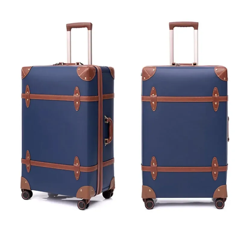 bagage d'affaires vintage en cuir bleu, valise à main de 20 pouces + valise à carreaux de 24 pouces, roulettes