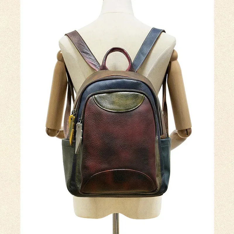 sac à dos vintage en cuir véritable pour femme, patchwork, sacs à bandoulière en cuir de vache véritable, mode dames, fourre-tout de voyage