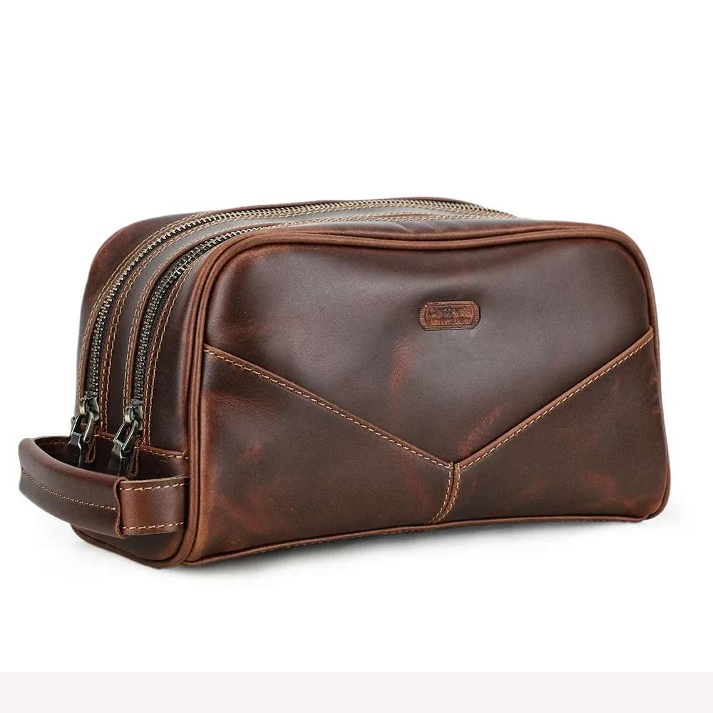 vintage crazy horse cuir hommes trousse à cosmétiques trousse de maquillage voyage toilette à main maquillage sacs de lavage double fermeture éclair homme organisateur
