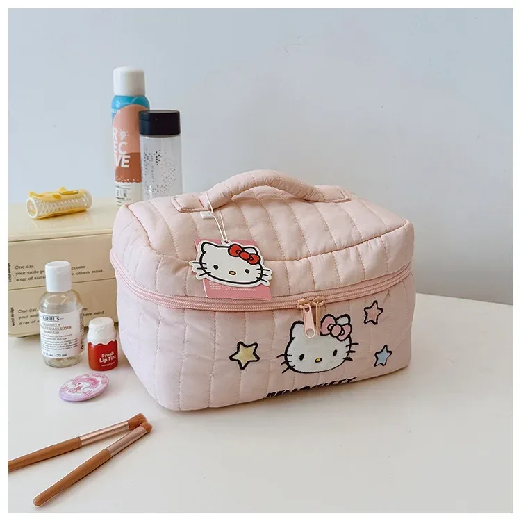 véritable trousse de maquillage hello kitty, mignonne, portable, grande capacité, idéale pour les voyages.