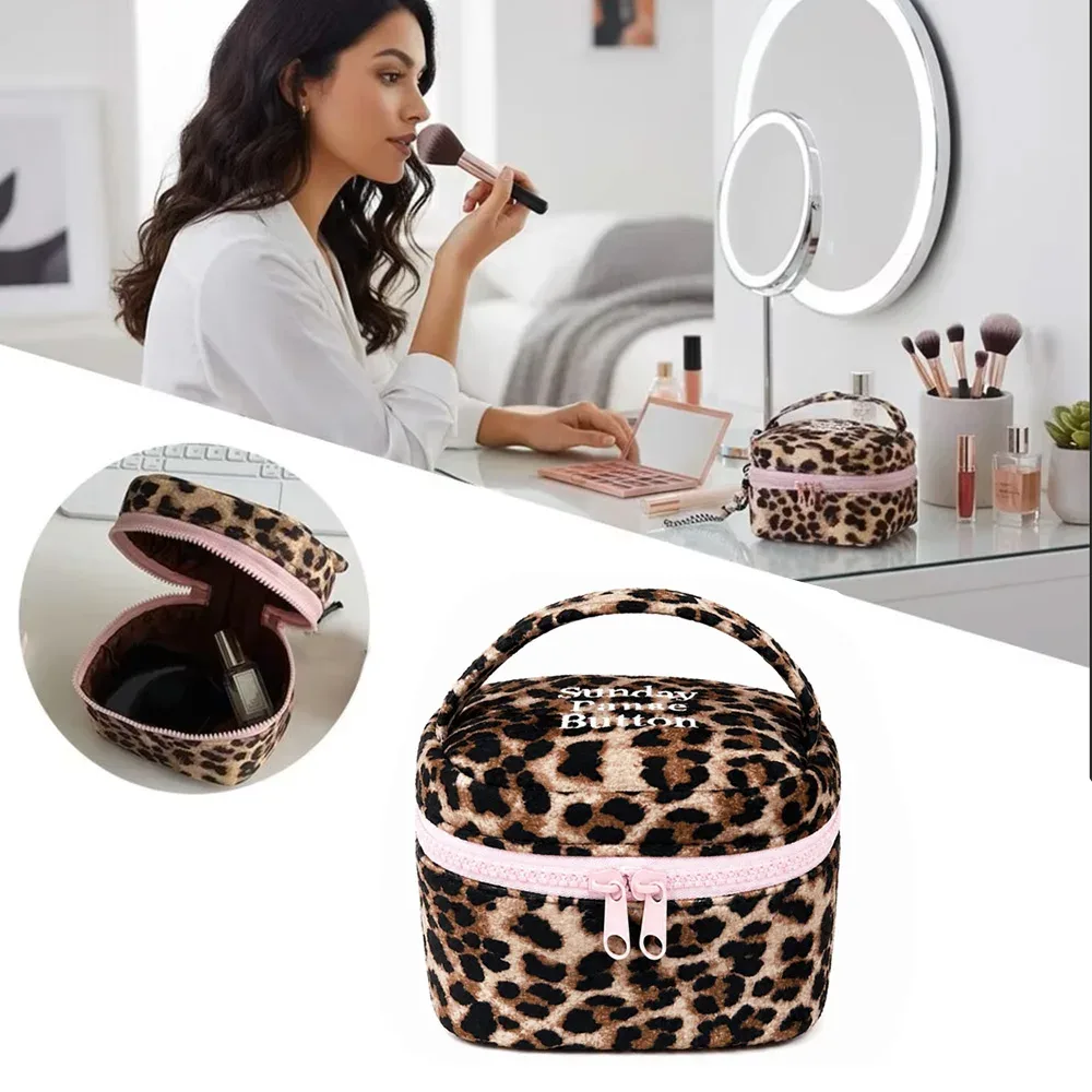 boîte de rangement carrée multifonctionnelle à imprimé léopard, avec fermeture éclair, petite pochette cosmétique, étui de rangement pour la maison et les voyages