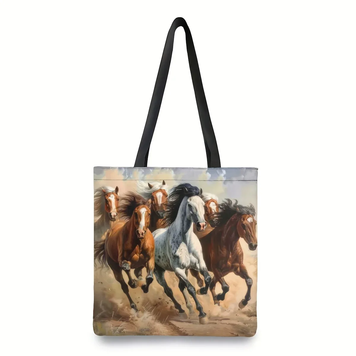 sac fourre-tout imprimé cheval dynamique | 1 pièce | lin | grande capacité, durable | travail, école, shopping | 40x40cm