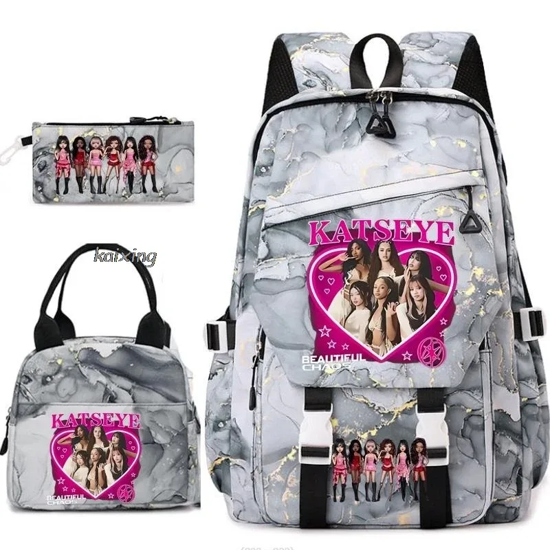 nouveaux sacs à dos katseye à imprimé amusant, 3 pièces/ensemble, sac d'école pour étudiants, sac de voyage pour adolescents, filles et garçons, sacs à lunch, sac à dos