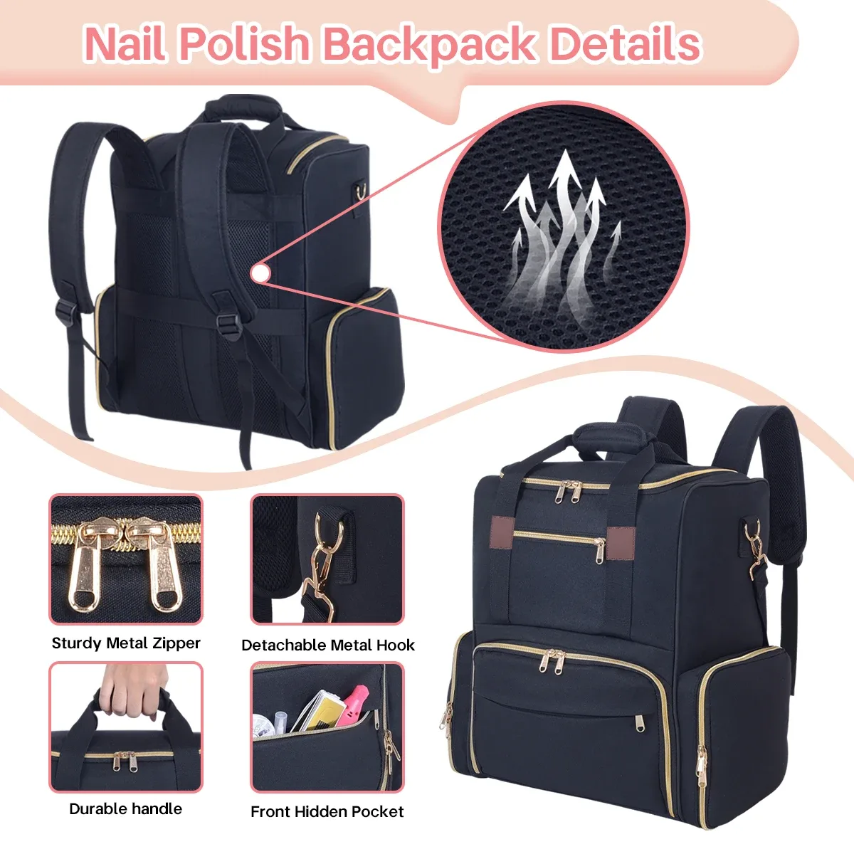 uozl – sac à dos organisateur de vernis à ongles, contient 80 bouteilles et une lampe à ongles, fournitures avec 2 étuis amovibles, sac de rangement professionnel tr