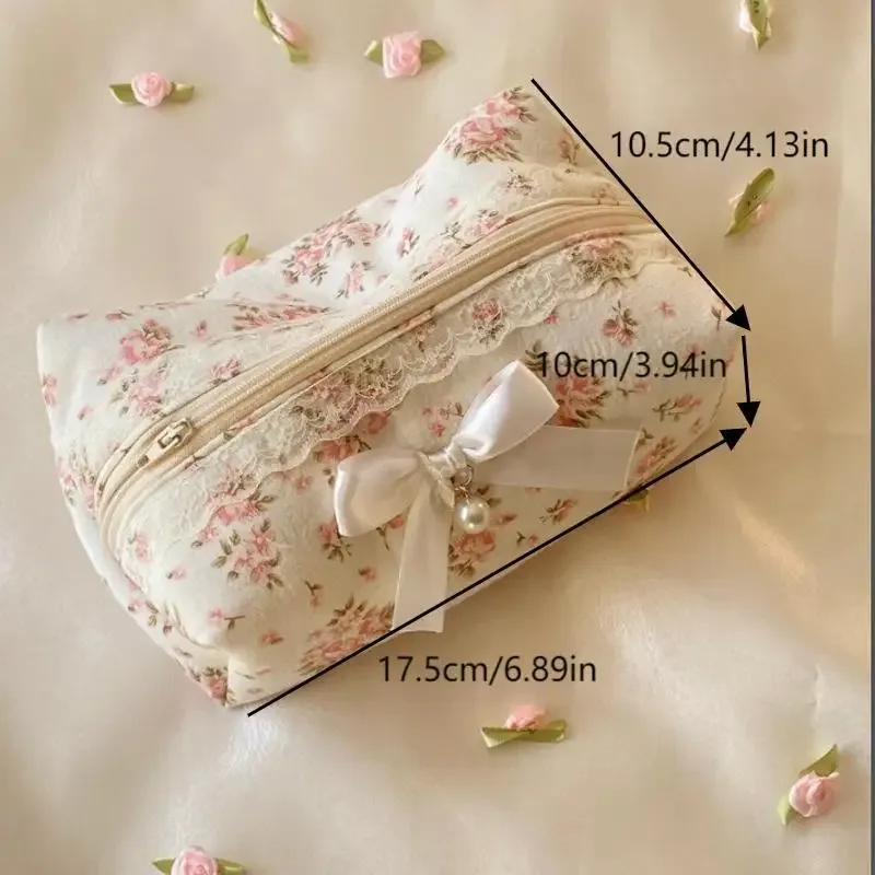 trousse de maquillage grande capacité mignonne avec nœud en dentelle, sac cosmétique de voyage pour femme, trousse de toilette à fermeture éclair, étui à crayons, sacs de rangement