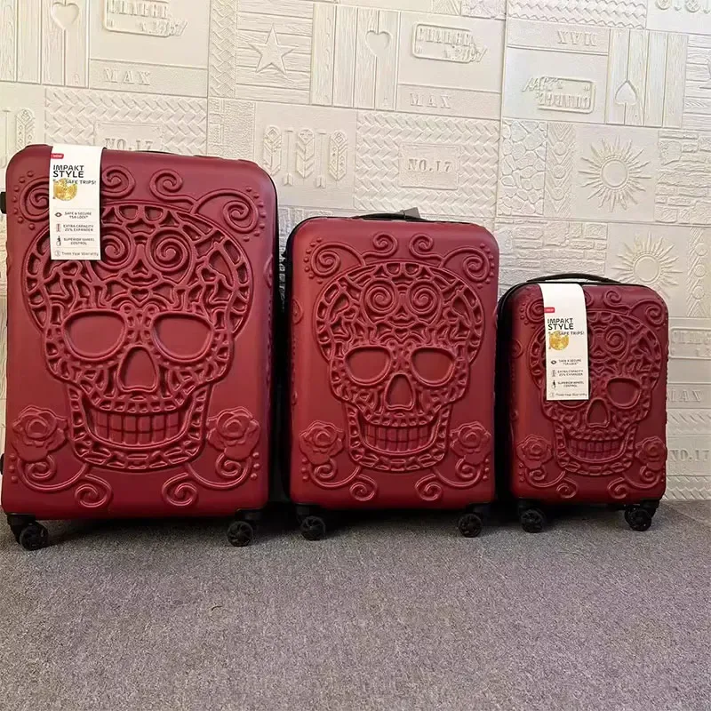 valise 3d crâne 20/24/28 pouces, nouvelle collection, bagage cabine à roulettes, lot de 3 valises, valise trolley avec serrure douanière tsa