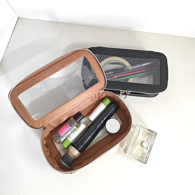 sac de voyage de luxe portable pour cosmétiques, personnalisable avec nom, en cuir pu, fermeture éclair, grande capacité, trousse de maquillage transparente, étanche, trousse de toilette