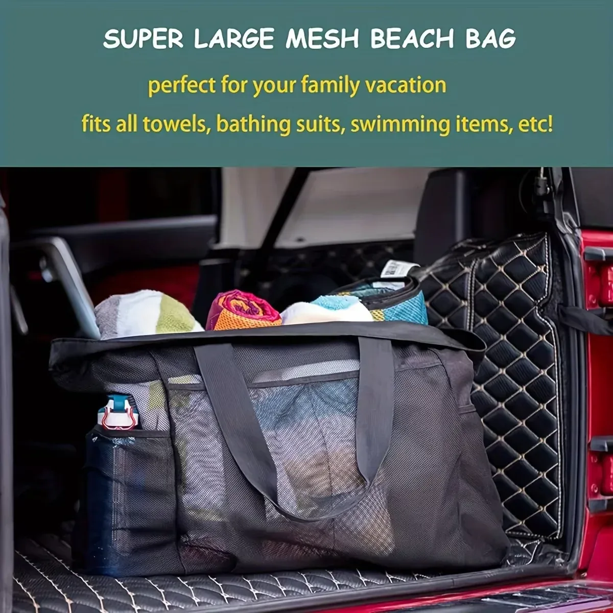 sac de plage en maille extra large, fourre-tout respirant en maille avec fermeture éclair et poches latérales, sac de rangement portable de grande capacité