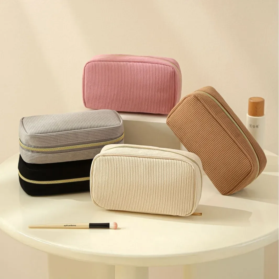Nouvelle trousse de maquillage minimaliste en velours côtelé, grande capacité, sac de rangement pour cosmétiques de voyage, trousse de maquillage pour femmes