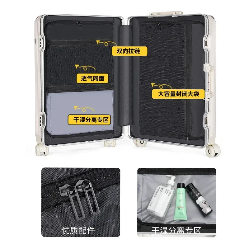 valise à cadre en aluminium avec serrure à combinaison, unisexe, portable, 20 pouces, bagage à main pour étudiant, 28 pouces, avec roues silencieuses